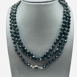 Vintage Austria Long Black Faceted Glass Bead Necklace